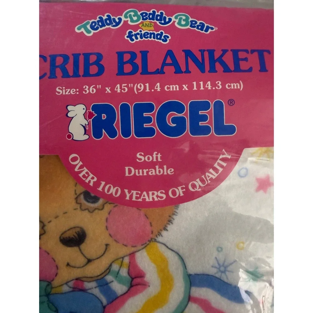 VTG Riegel Teddy Beddy Bear Friends Crib Blanket Satin / Nylon Trim‎ 36x45 NEW
